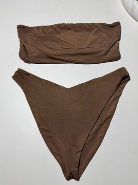 Naked Wardrobe Chocolate Brown Bikini Set - Bandeau Top & V-Cut Bottoms- M